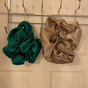 ROOM Shop | Two Giant Satin Scrunchies | Emerald and Mushroom